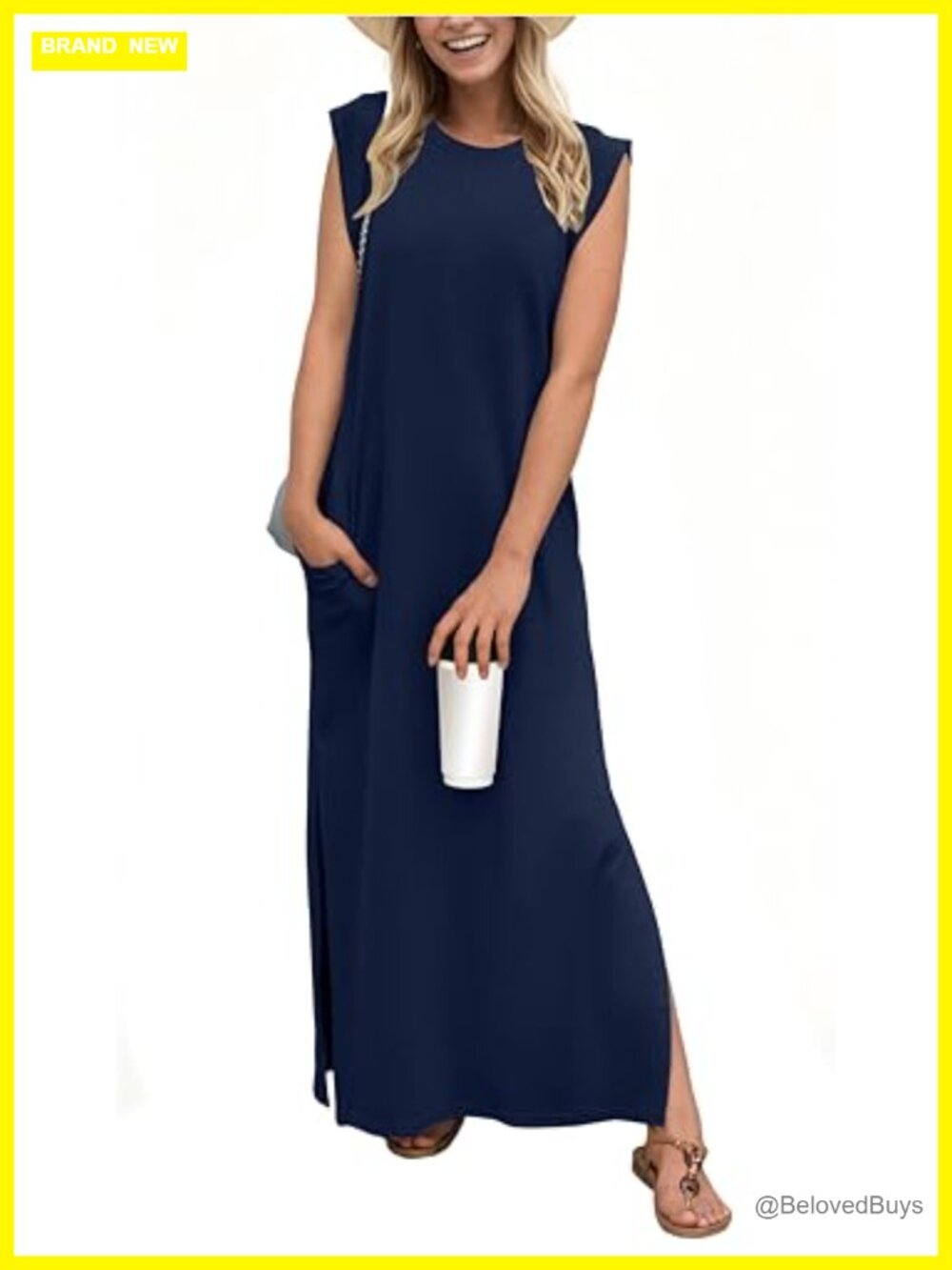 Maxi Dress with Pockets Casual Crew Neck Loose Fit Rayon Blend